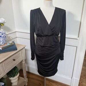 Cache Womens Black Ruched Bodycon Cocktail Dress Long Sleeve V-Neck Size S